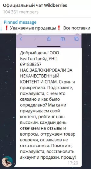 Бан на Вайлдберриз Скриншот с Telegram-канала MPGO