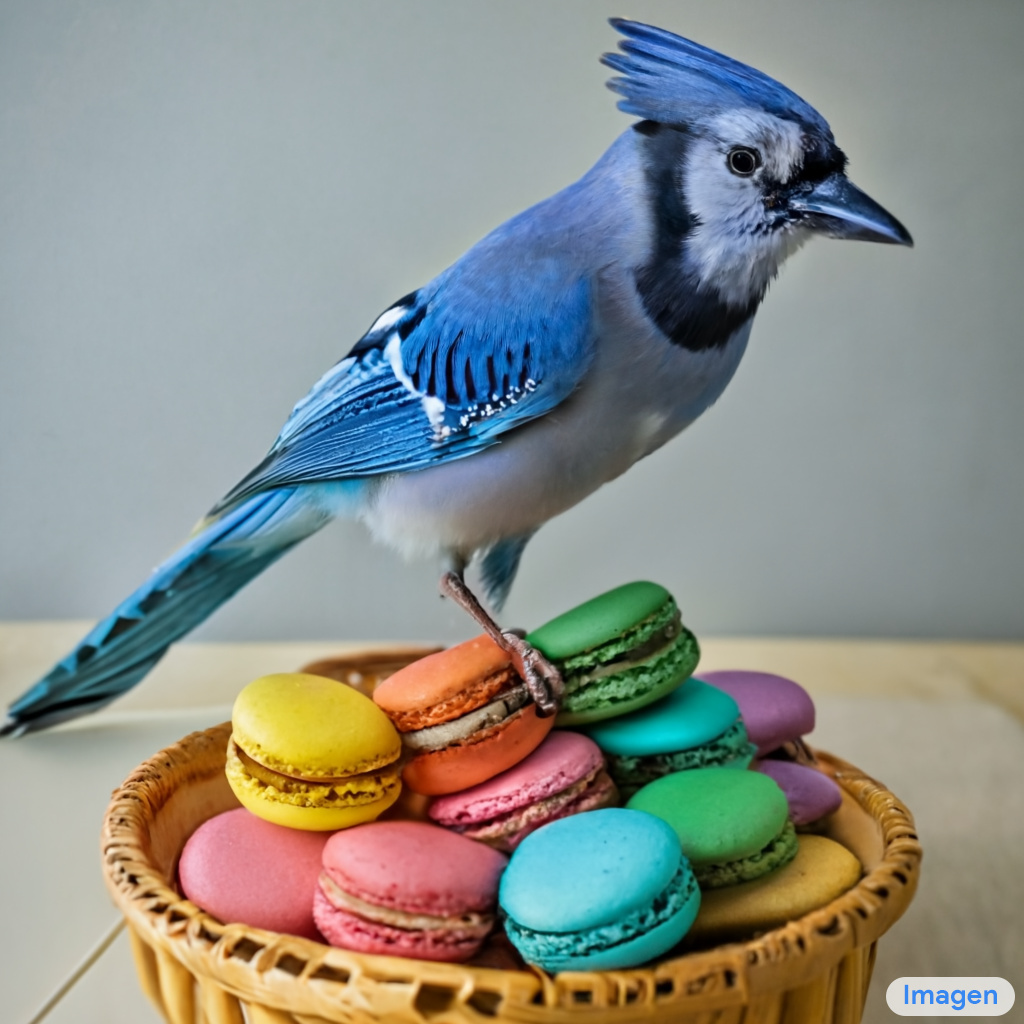a-blue-jay-standing-on-a-large-basket-of-rainbow-macarons
